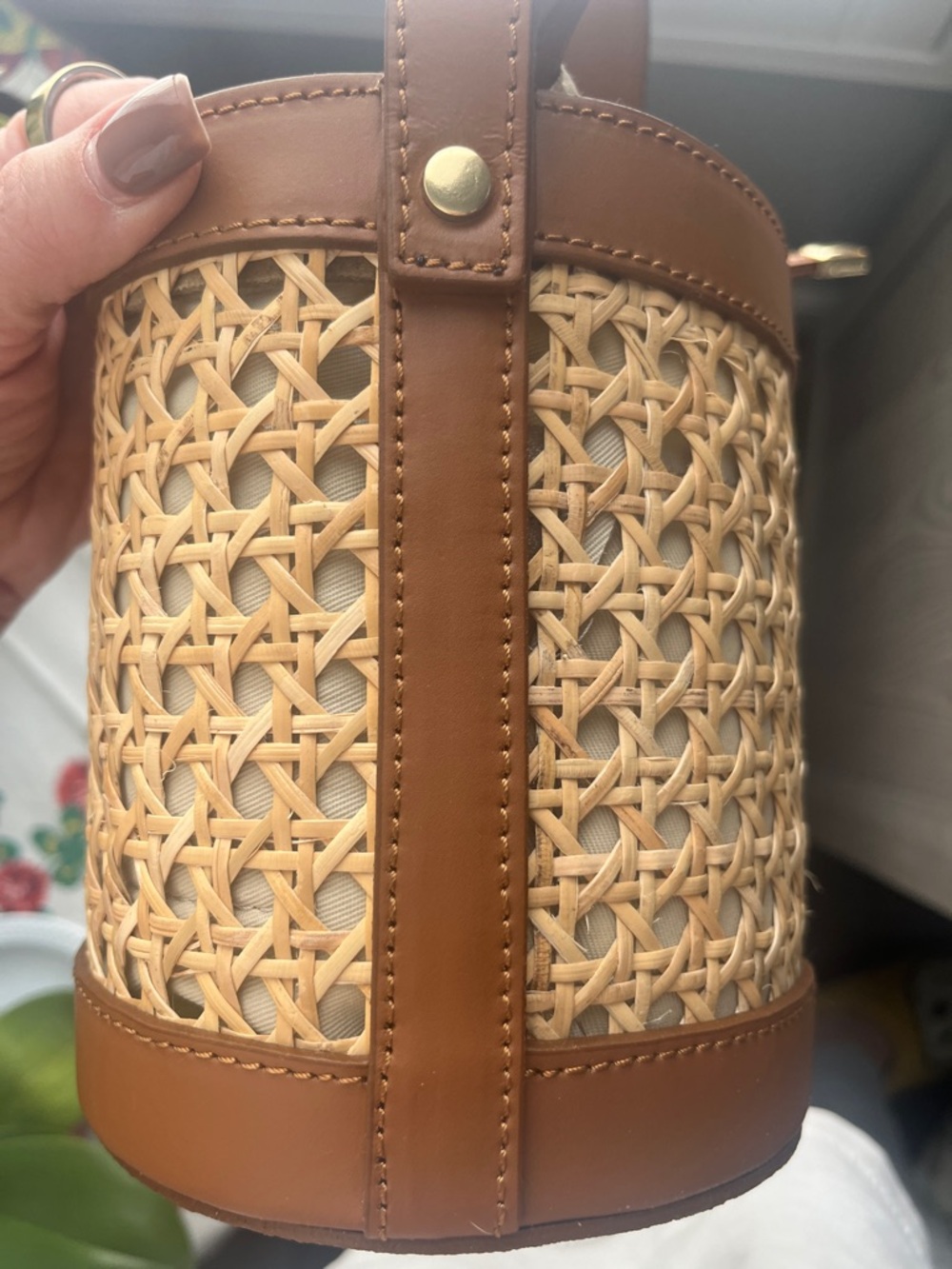 Jijou Chantel Capri Woven Straw Bucket Bag with Brown Leather Trim - Picture 6 of 8